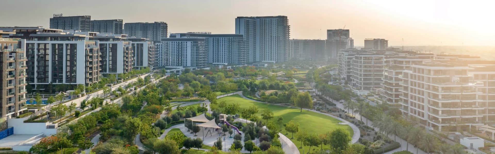 Apartment towers overlooking parkland in Dubai Hills, MBR City