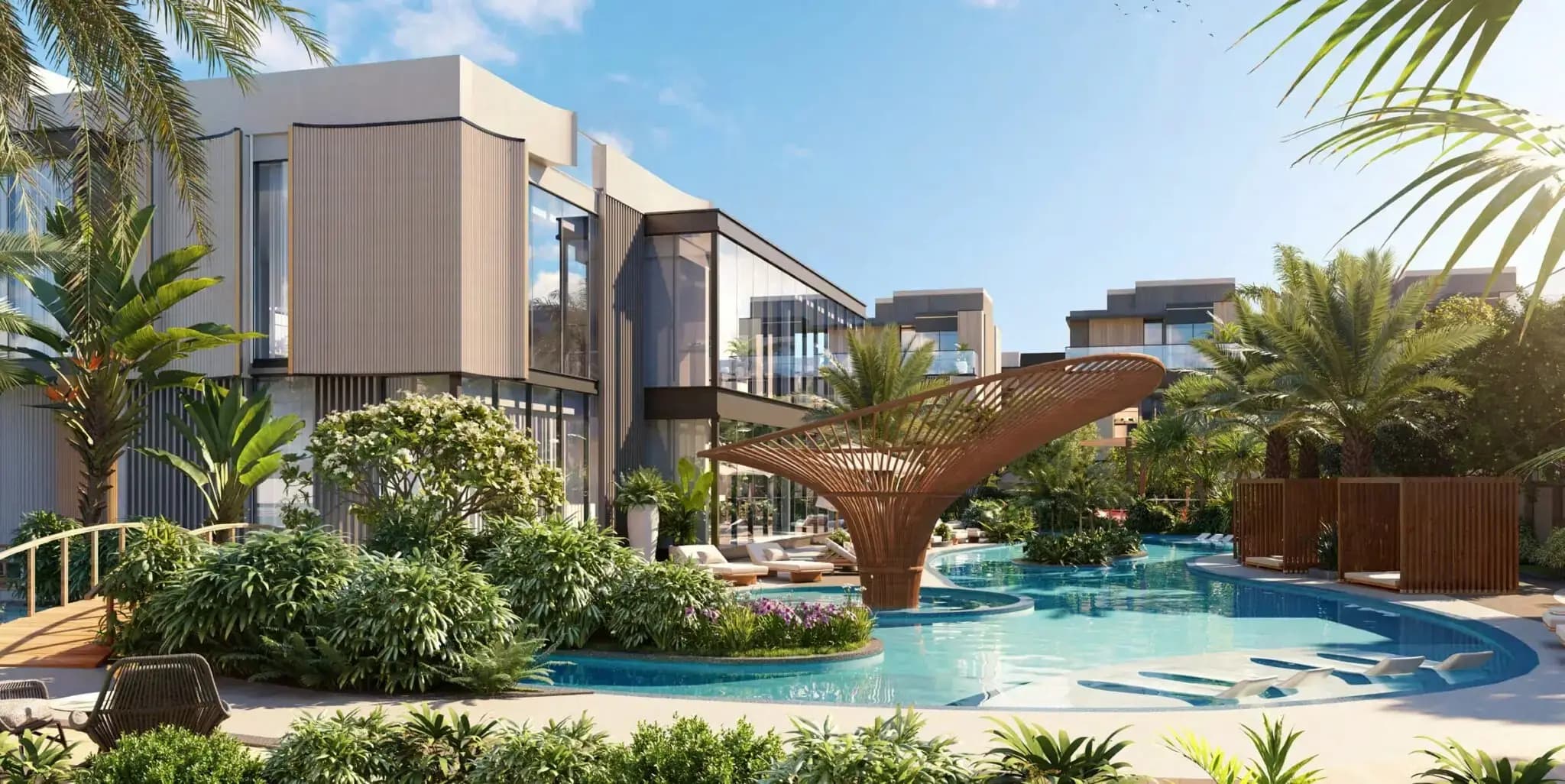 Resort-style pool and wellness deck at dusk