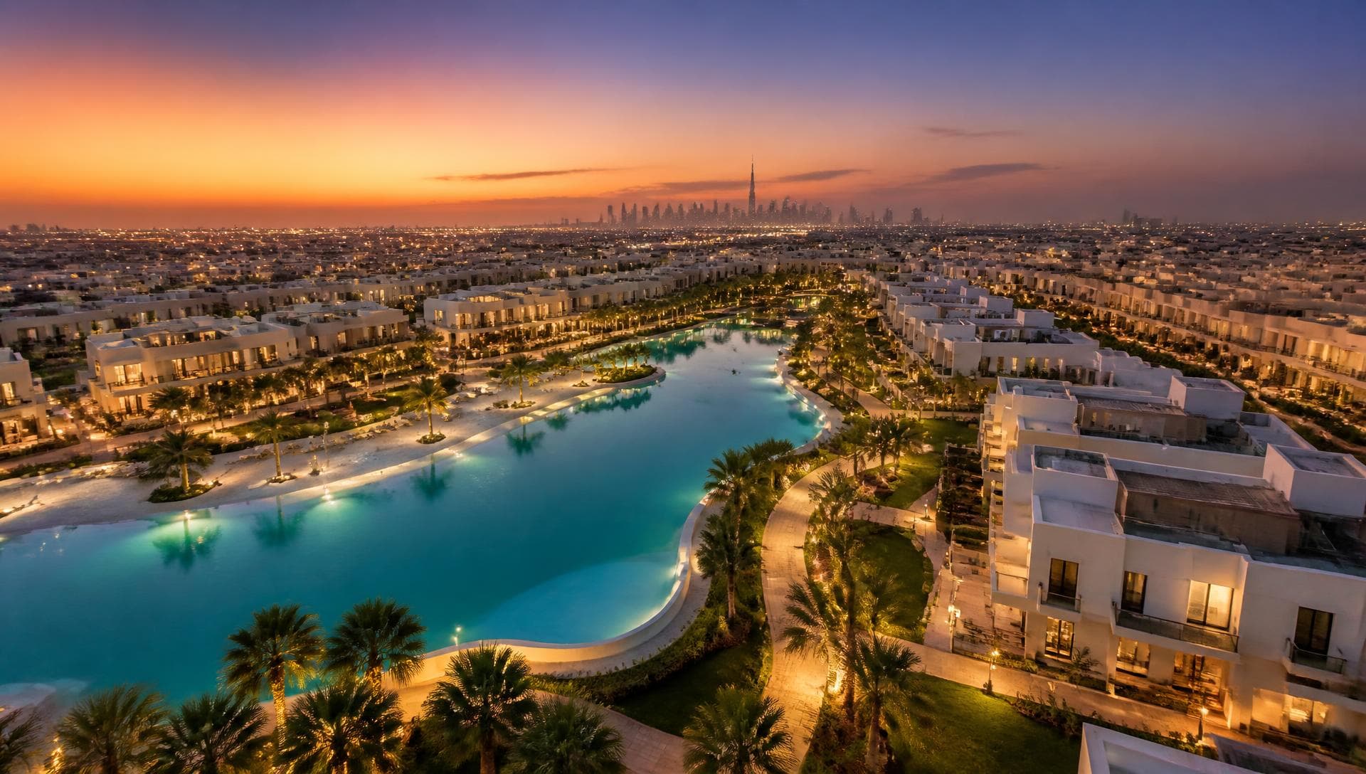 Aerial twilight view of the Ellington Al Yalayis 1 master community with its crystal lagoon