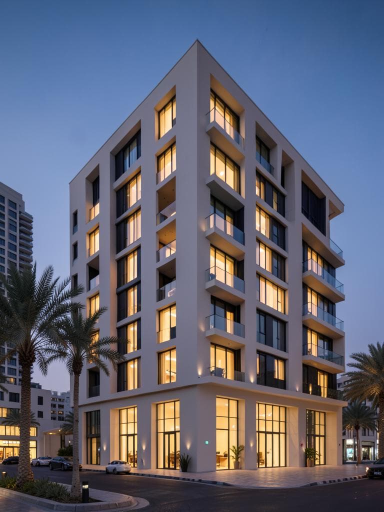 Modern luxury apartment building at twilight