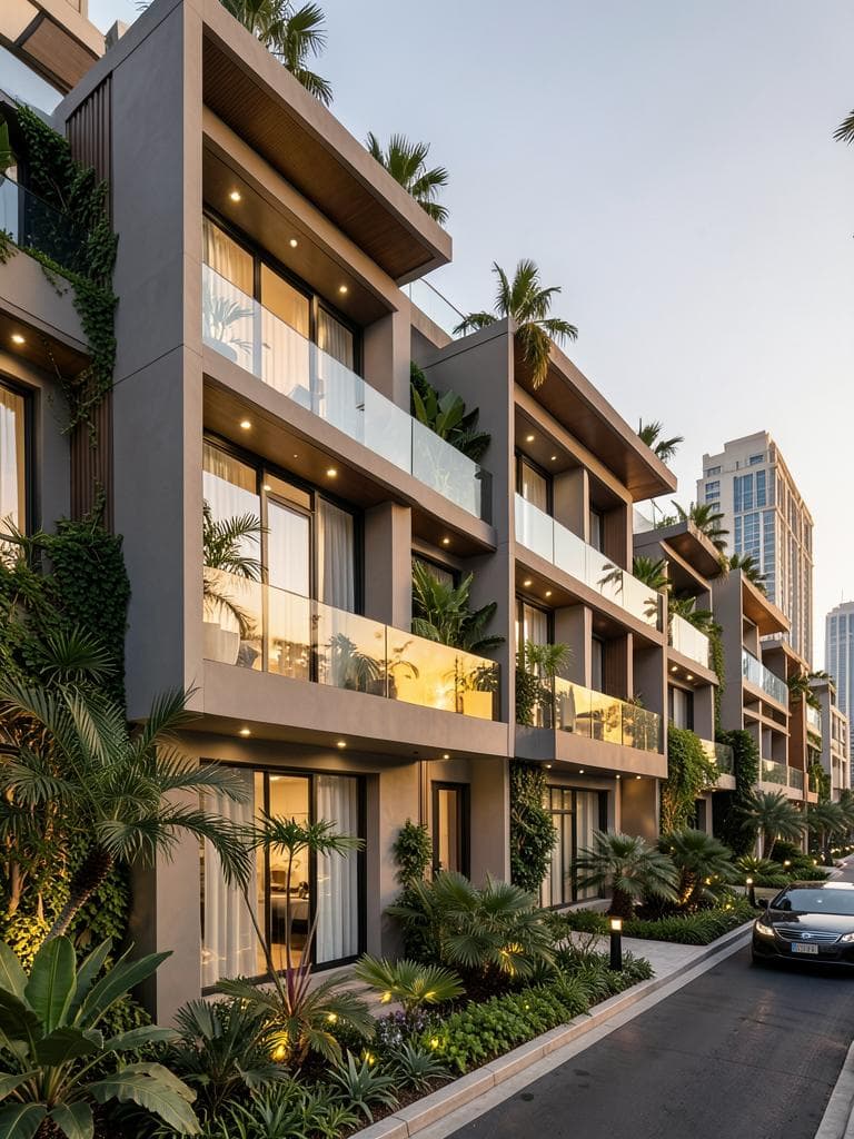 Contemporary townhouse row with balconies and greenery