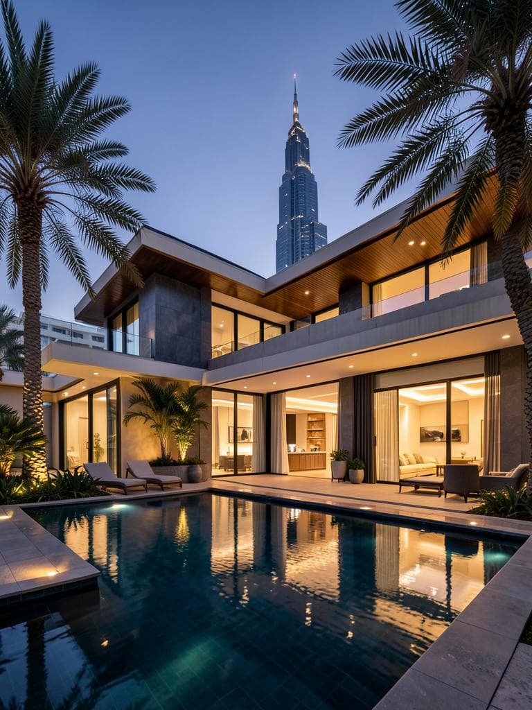 Standalone luxury villa with private pool at dusk